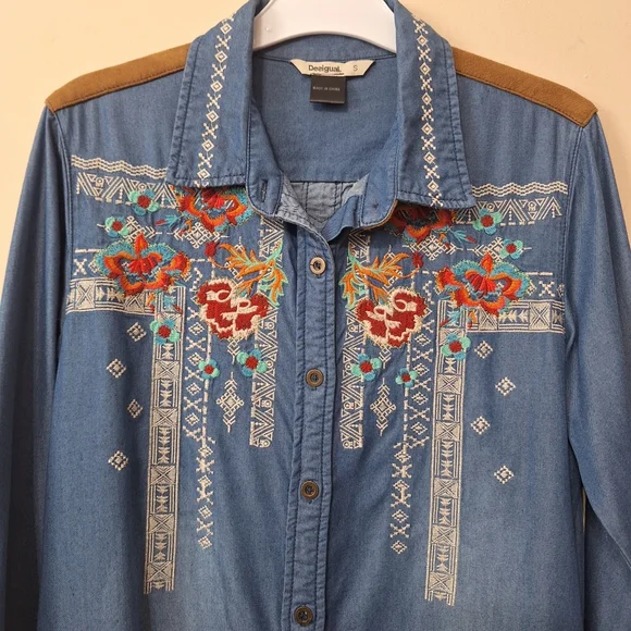 Desigual Lizzy Embroidered Faux Suede Chambray Denim Yoke Shirt Dress S Western - Picture 4 of 10